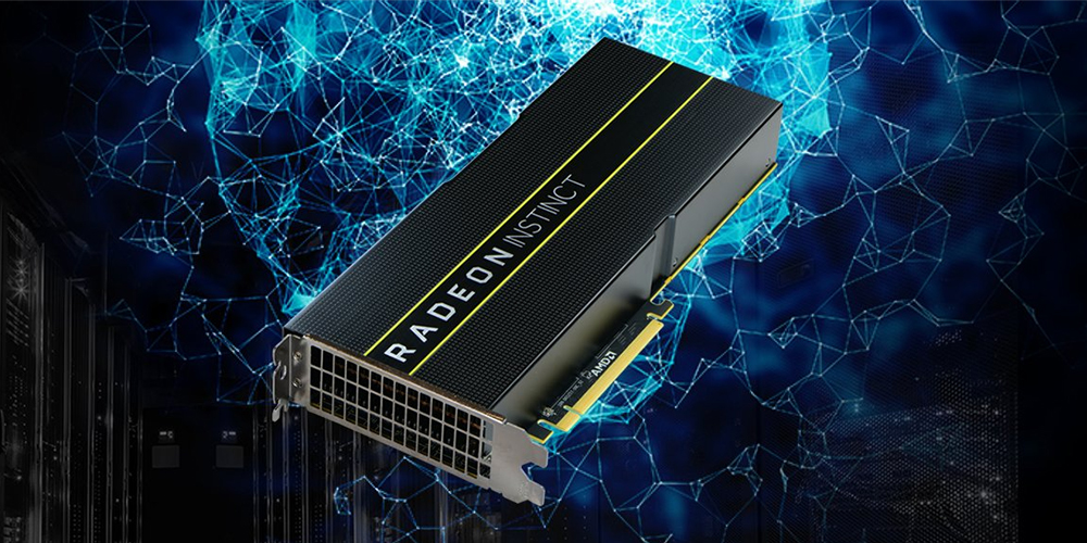 An AMD Radeon Instinct MI25: a long, passively cooled card with a black shroud and a fully vented bracket