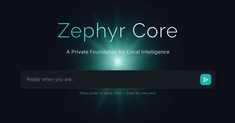 The Zephyr Core splash screen: "A Private Foundation for Local Intelligence"